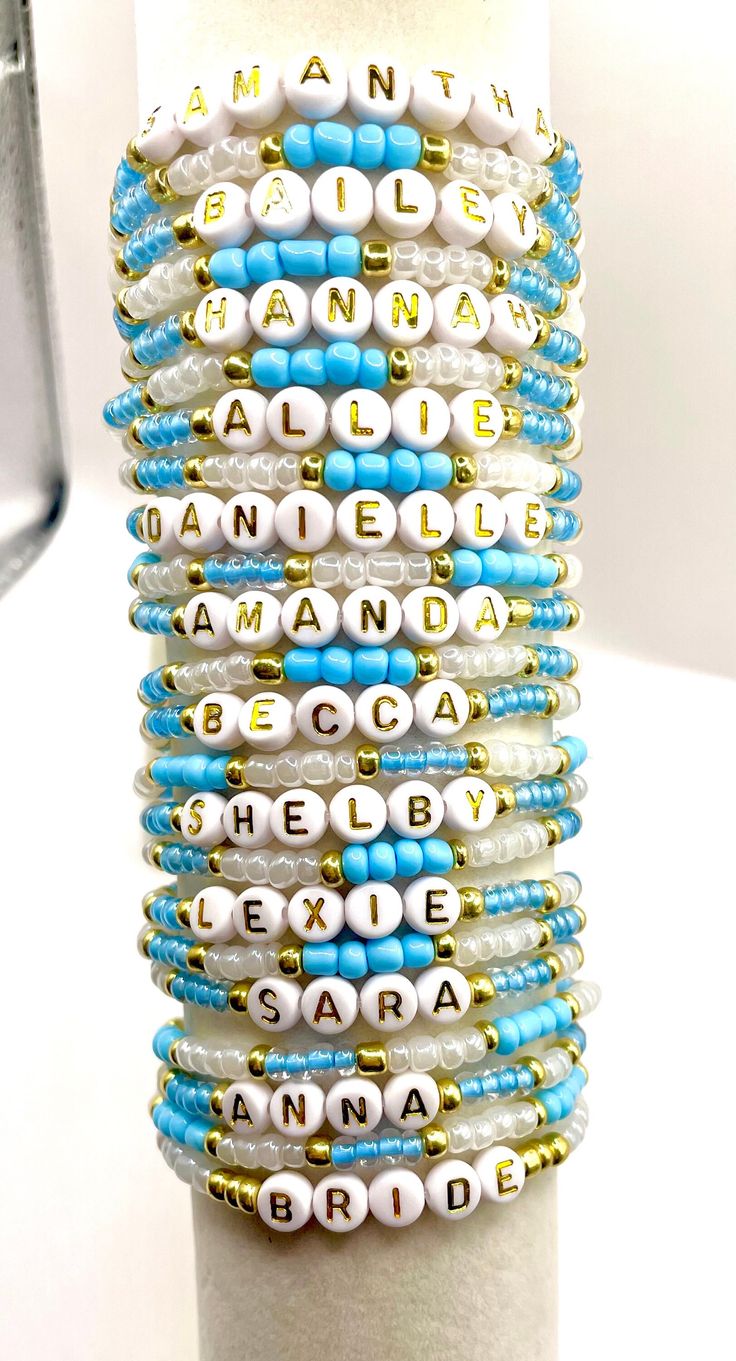 Help your whole group match in style! --- Perfect for bachelorette parties, work groups, wedding gifts, sports teams, fundraisers and more. Choose the option to customize with each group memebers name and other fun added bracelets or words.  🌈 **Customizable Choose from a variety of colors, styles, and personalized names to make your bracelet truly one-of-a-kind. 💎 **High-Quality Beads We use only the finest materials to ensure your bracelet stands the test of time. 🎉 **Gift-Ready Packaging Each bracelet comes in a beautiful gift bag, ready to surprise and delight. --- - Custom Named Beaded Bracelets - Handmade Jewelry Michigan - Personalized Bracelets - Unique Gifts for Her - Shelby Nichole Co Bracelets - Crafted with Passion - High-Quality Beaded Bracelets - Gift for All Occasions --- Personalized Adjustable Name Bracelet For Party Favors, Customizable White Bracelets For Friendship, Blue Custom Name Friendship Bracelets, Customizable Blue Friendship Bracelets, Adjustable White Name Bracelet With Custom Text, Custom Name Blue Beaded Bracelet For Friendship, Adjustable Custom Name Bracelets For Party Favors, Custom Name Blue Beaded Bracelets For Friendship, Personalized Beaded Bracelets For Team Events