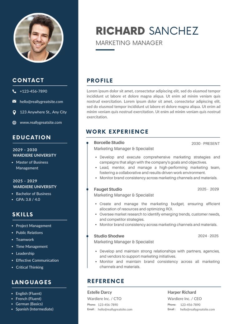 a professional resume template with blue and white colors, it includes an image of a man's face