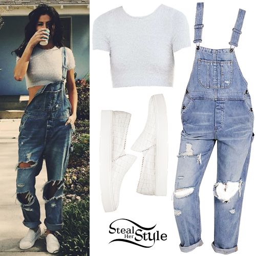 Selena Gomez: Fuzzy Crop Tee, Denim Overalls | Steal Her Style Selena Gomez Shoes, Selena Gomez Fashion, Selena Gomez Outfits, Vans Outfit, Steal Her Style, Selena Gomez Style, White Slip, Kimchi Blue, Cropped Tee