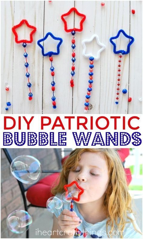 a girl blowing bubbles with red, white and blue decorations