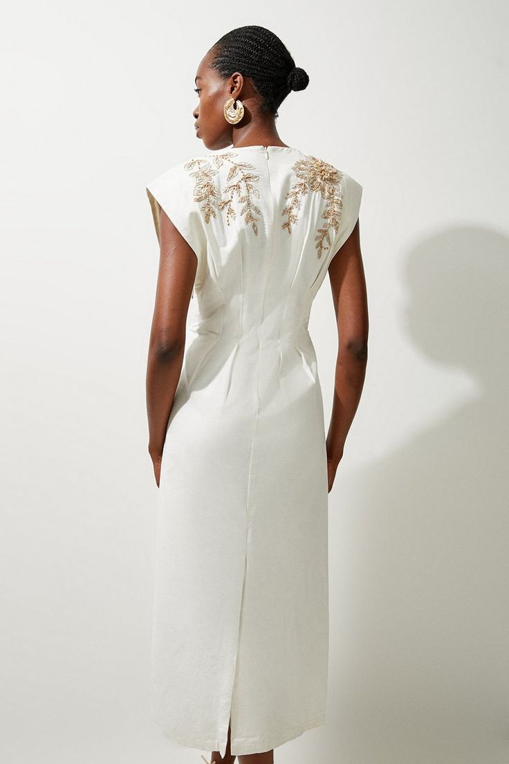 Raffia Embroidered Linen Woven Midi Dress | Karen Millen Elegant Floral Embroidered Midi Dress, Formal Summer Maxi Dress With Floral Embroidery, Elegant Midi Embroidered Floral Dress, Elegant Midi-length Embroidered Floral Dress, Embroidered Evening Dress For Summer, Formal Sleeveless Midi Dress With Floral Embroidery, Embroidered Summer Dresses For Work, Summer Knee-length Embroidered Dress For Daywear, Summer Workwear Dresses With Embroidery