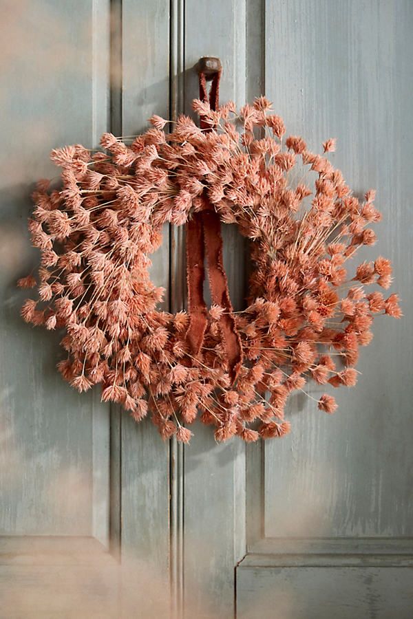 a wreath hanging on the front door of a house with dried flowers in it's center