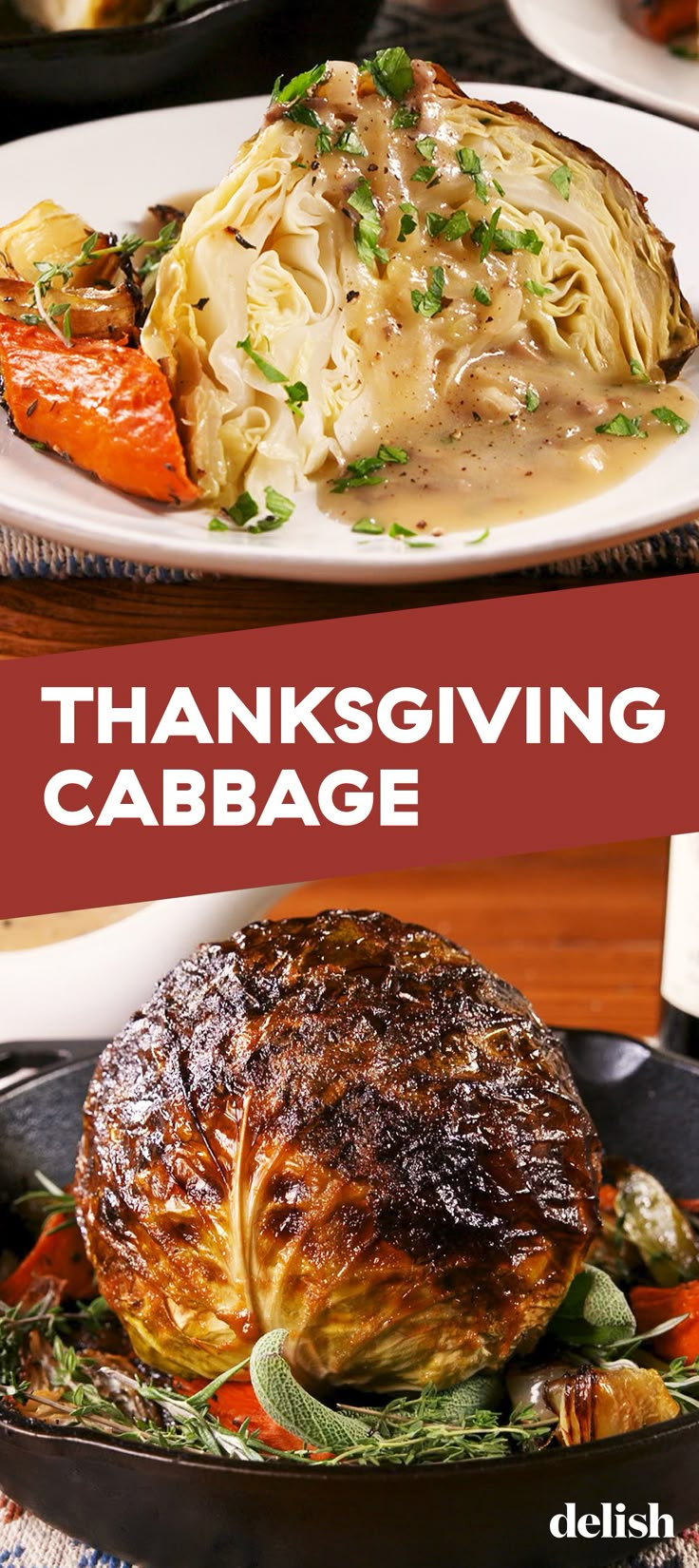 two plates with meat, vegetables and gravy on them that say thanksgiving cabbage