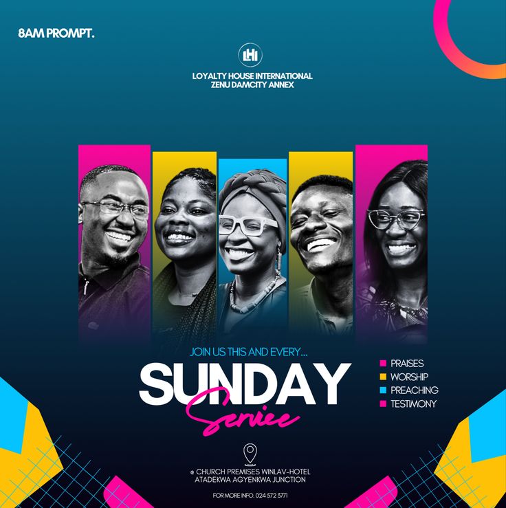 the poster for sunday service, featuring four women in black and white with colorful background