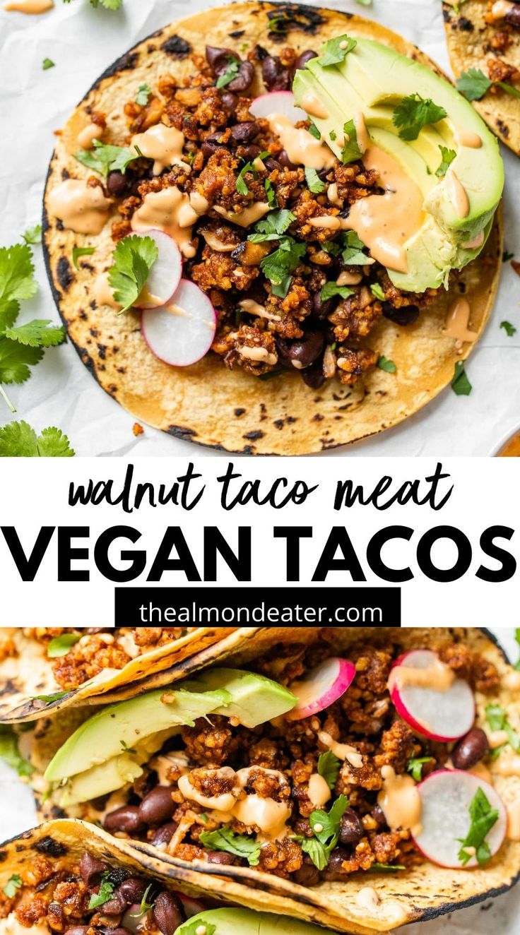 vegan tacos with black beans, avocado and cilantro on top