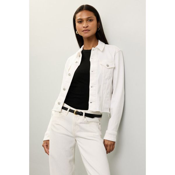 White (81% Cotton, 11% Lyocell, 6% Elasterell-P, 2% Elastane). Jacket. Long sleeves. Front button closure. 20.5" from shoulder to hemline. Imported. Spring Workwear Long Sleeve Denim Jacket, Spring Long Sleeve Denim Jacket For Workwear, Classic Spring Utility Jacket With Button Closure, Classic Cropped Jacket With Pockets For Spring, White Blazer With Buttoned Pockets For Spring, Classic Spring Cropped Jacket With Pockets, Classic Utility Jacket With Buttoned Pockets For Spring, Classic White Utility Jacket For Work, Spring Workwear Denim Jacket, Single Breasted