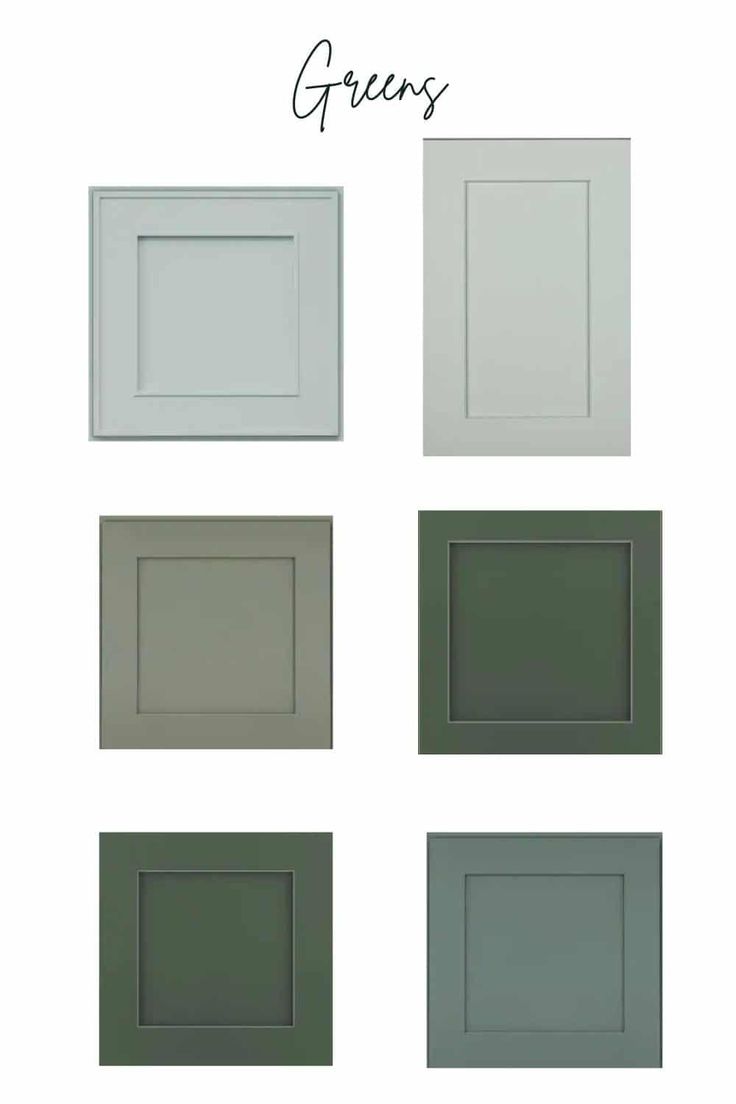 four different colors of the same kitchen cabinet door, with text overlaying them