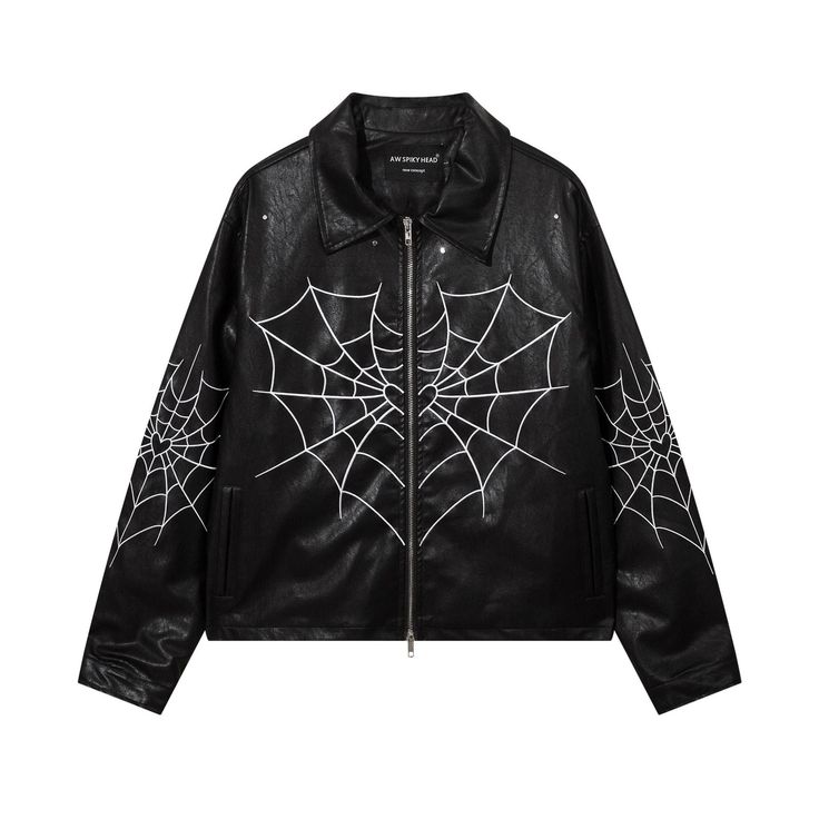 "Stay stylish with the fnacha spider print leather jacket coat. Made of polyester and cotton, this loose-fitting jacket is perfect for the fashion-forward adult male. Suitable for spring and autumn, its ordinary thickness offers comfort without adding bulk. Available in M, L, XL, and XXL sizes, it's a sleek addition to any wardrobe." Spider Shirt, Baseball Jacket Women, Web Spider, Classic Leather Jacket, Casual Leather Jacket, Aelfric Eden, Motorcycle Jacket Mens, Baseball Varsity Jacket, Pu Leather Jacket