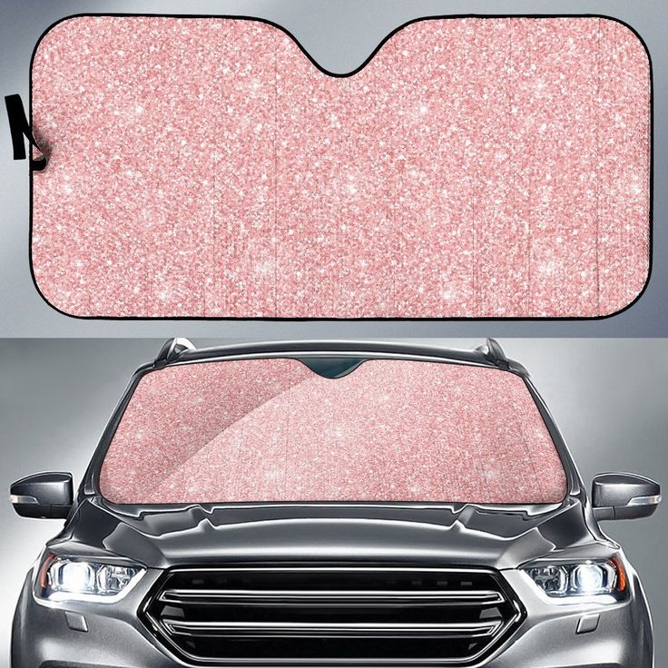 the front and back view of a car with pink glitter on it's windshield