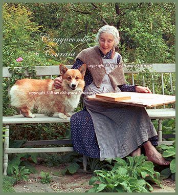 an older woman sitting on a bench with her dog next to her and holding a book