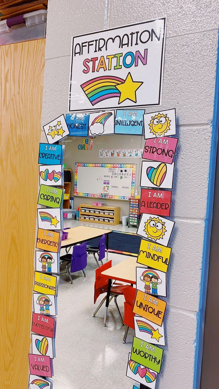 a classroom door decorated with colorful bulletin boards and writing on the front, along with an affirmation station sign