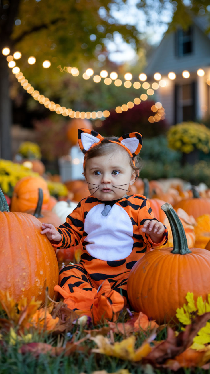 a baby dressed up as a tiger sitting in the grass with pumpkins and lights