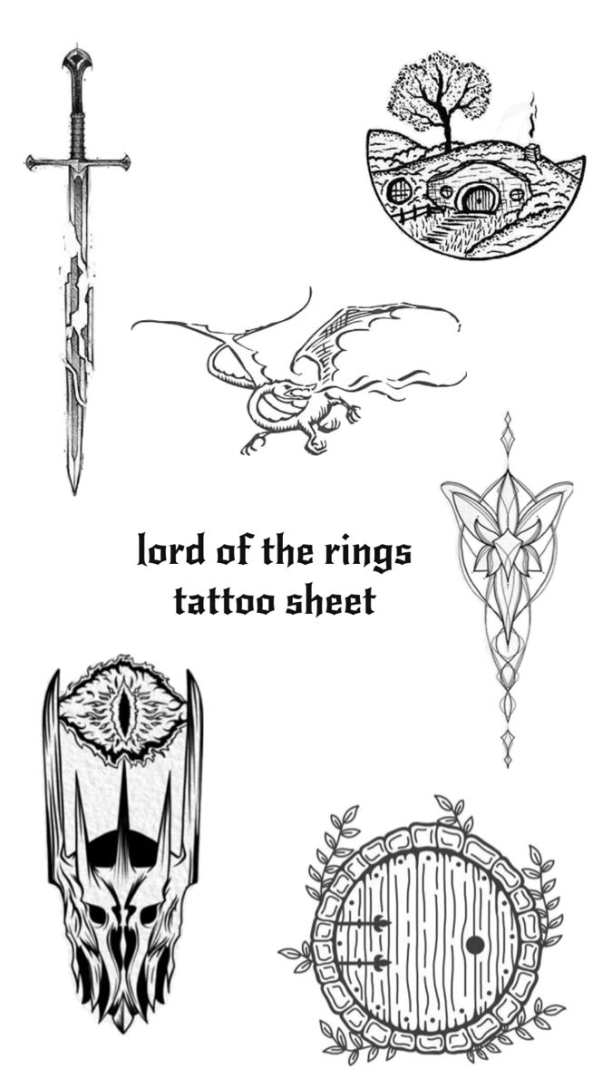 lord of the rings tattoo sheet Hobbit Tattoo, Tolkien Tattoo, Lotr Tattoo, Rings Tattoo, Lord Of The Rings Tattoo, Bookish Tattoos, Tattoo Sheet, Knight Tattoo, Fantasy Tattoos