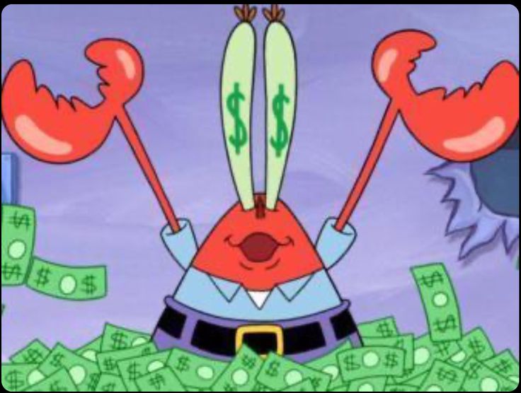 a cartoon character holding two lobsters on top of money