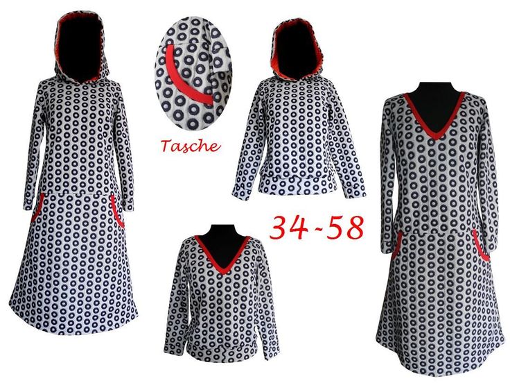 three different styles of dresses with hoods on them and numbers in red, white and blue