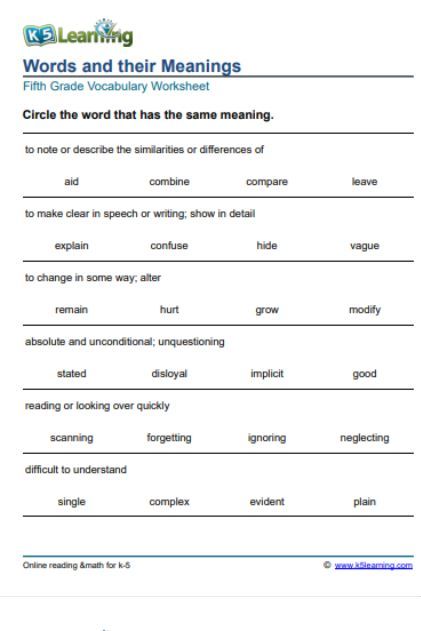 words and their meaningss worksheet