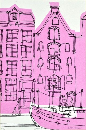 a drawing of a boat in front of a pink building