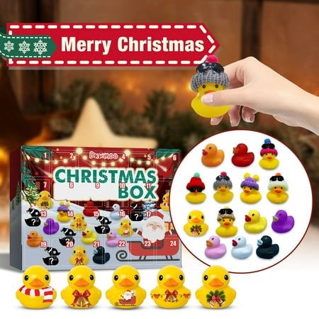 christmas rubber ducky toys are shown in front of a box with the words merry christmas