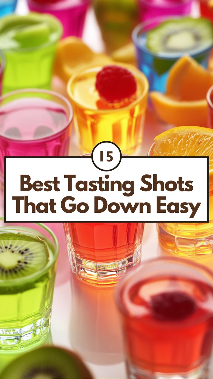 An assortment of colorful shot glasses filled with fruity and smooth drinks, perfect for easy-to-drink party shots. Common Bar Drinks Recipes, Types Of Shots Alcohol, Cute Bar Drinks, Common Shots At Bars, Best Shots Alcohol Recipes, Shots That Taste Good, Skittle Shots Recipe, Easy Party Shots, Girly Shots Alcohol