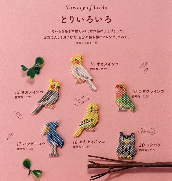 the brochure is decorated with small birds and flowers on pink paper, which reads variety of birds