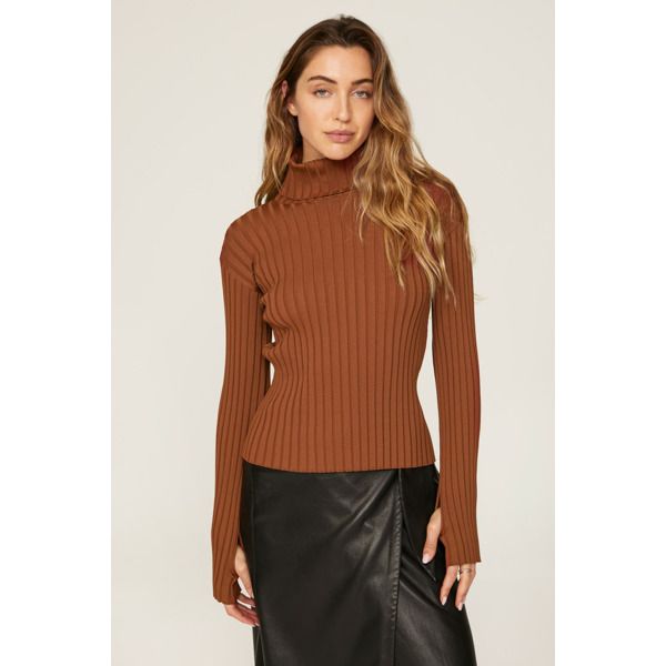 Brown ribbed knit (57% Viscose, 42% Nylon, 1% Spandex). Top. Long sleeves. Mock neck. Pull on. 21.5" Shoulder to hemline. Imported. Stretch Knit Top With Ribbed Collar, Brown Stretch Top With Ribbed Cuffs, Fitted Knit Top With Ribbed Collar For Work, Chic Stretch Knit Top With Ribbed Collar, Brown Turtleneck For Fall Workwear, Brown Turtleneck For Workwear In Fall, Ribbed Mock Neck Top For Workwear In Winter, Fall Mock Neck Top With Ribbed Neckline For Work, Fall Mock Neck Top With Ribbed Neckline For Layering