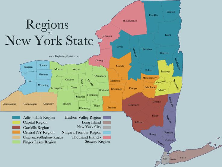 the regions of new york state with their respective county names and major cities in color