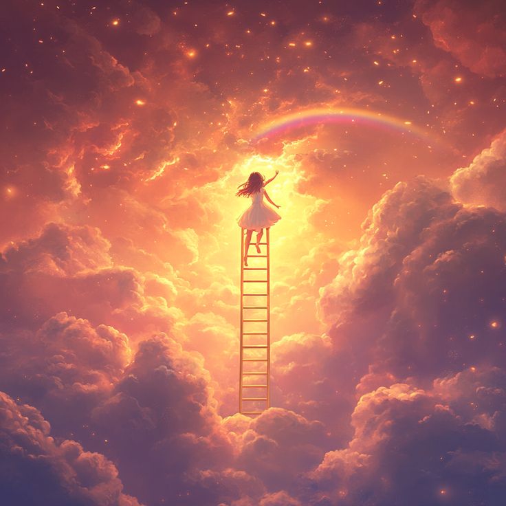 a girl is standing on a ladder in the sky with a rainbow above her head