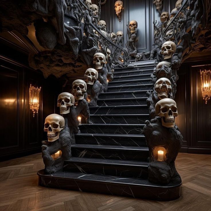 there are many skulls on the stairs in this room, and one is lit up with candles