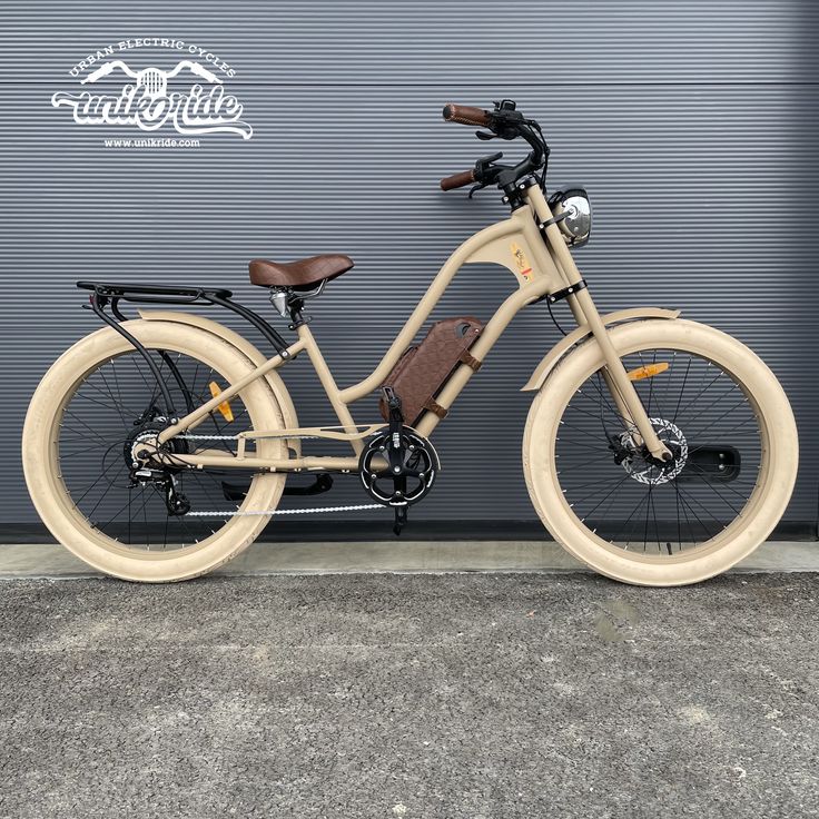 an electric bike parked in front of a garage door