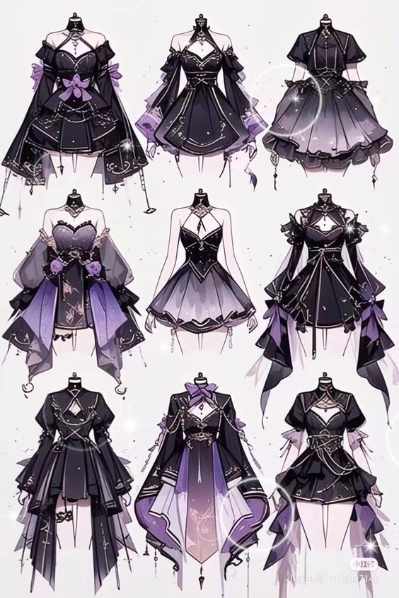 some very pretty dresses and capes on display in front of a white background with purple accents