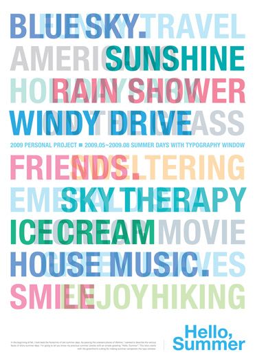 a poster with words written in different colors and shapes, including the words hello summer