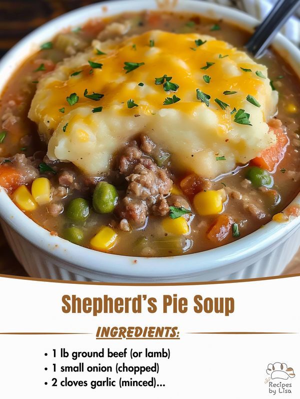 the recipe for shepherd's pie soup is shown in a bowl with a spoon