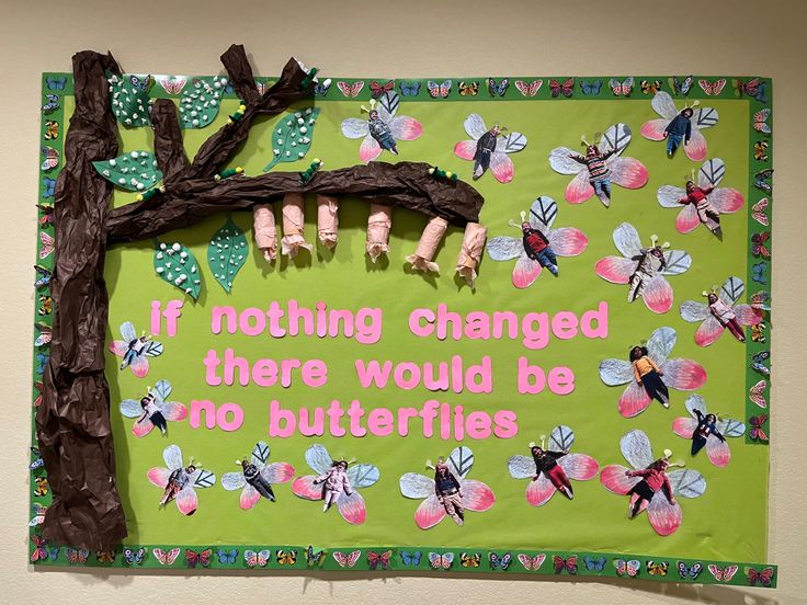 a bulletin board with butterflies on it and a quote written in the middle that says if nothing changed there would be no butterflies