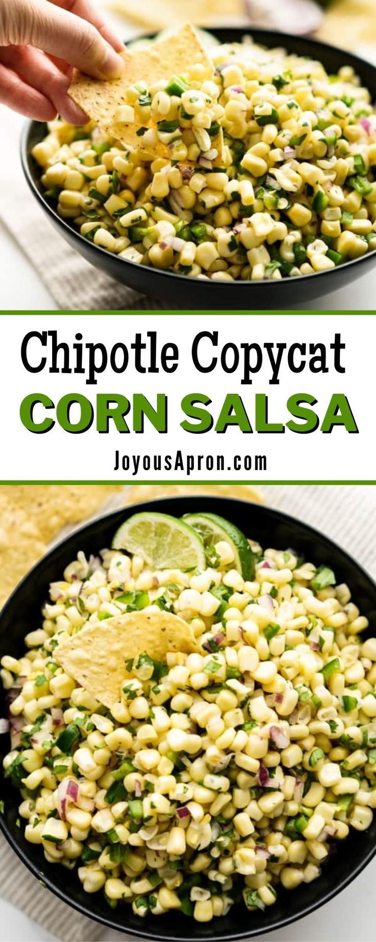 corn salad in a black bowl topped with tortilla chips