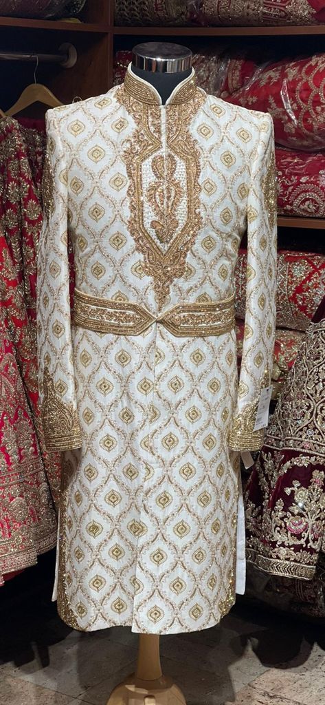 Ceremonial Clothing, Embroidered Sherwani, Wedding Sherwani, Zari Work, Extra Fabric, Churidar, Wedding Looks, Raw Silk, Waist Belt