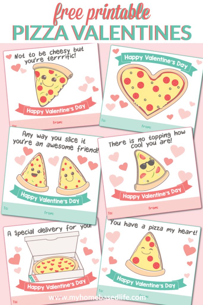 free printable valentine's day cards with pizzas and hearts in the background