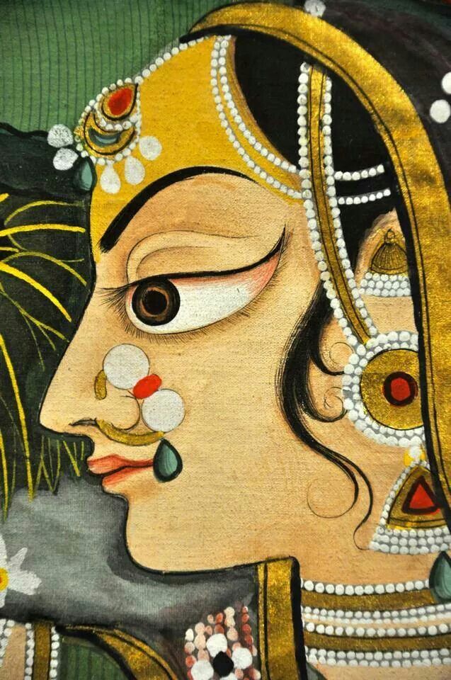 an artistic painting of a woman's face with jewels and pearls on her nose