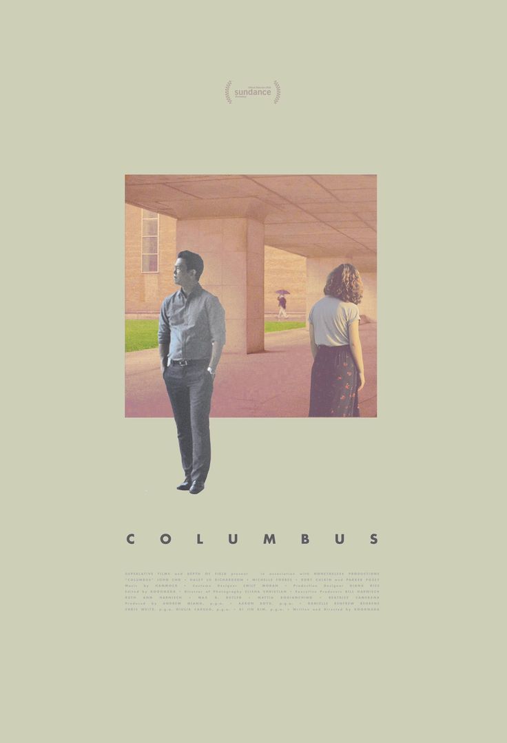 the movie poster for columbus starring two people standing in front of a building and looking at each other