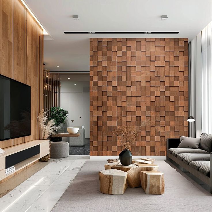 a modern living room with wood panels on the wall