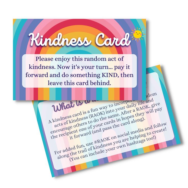 a card that says kindness card with rainbows on the front and back, which reads