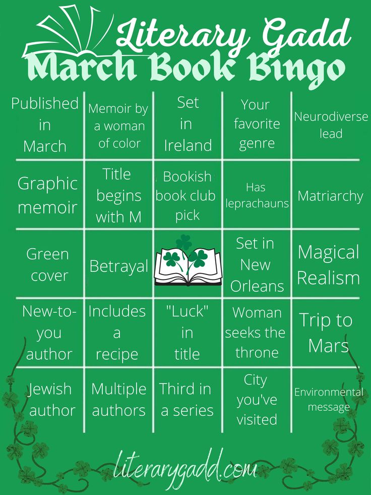 a green poster with the words library gad march book bingo on it's side