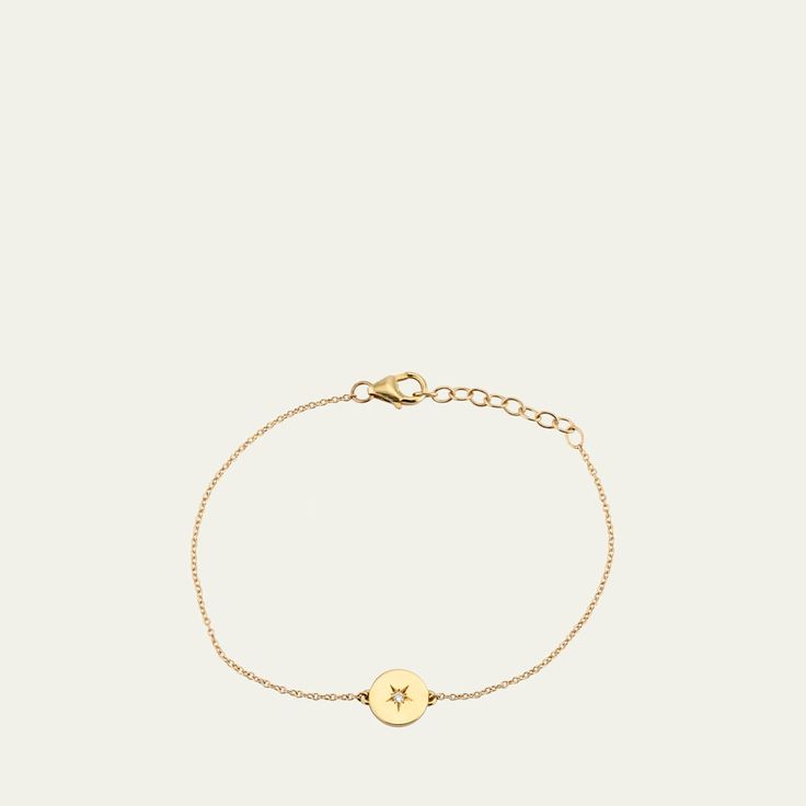 Andrea Fohrman charm bracelet 14-karat yellow gold  0.017 total Diamond carat weight Approx. 6.5"L; pendant approx. 0.25"Dia. Lobster clasp Wipe clean Made in USA Dainty 14k Gold Engraved Bracelet, Dainty 14k Gold Engraved Bracelets, Engraved 14k Gold Round Bracelets, Dainty Engraved Yellow Gold Bracelet, Dainty Engraved Bracelet Jewelry, Elegant Moon Charm Bracelet, Classic 14k Gold Round Charm Bracelet, Classic Round 14k Gold Charm Bracelet, Classic 14k Gold Charm Bracelet