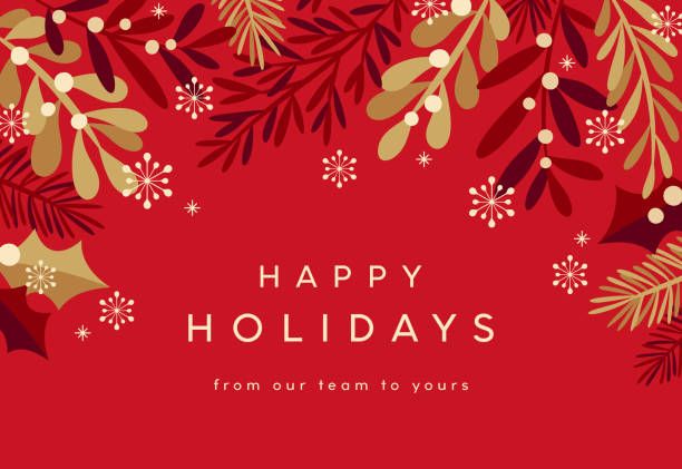 a red and gold holiday card with holly branches, snowflakes and berries on it