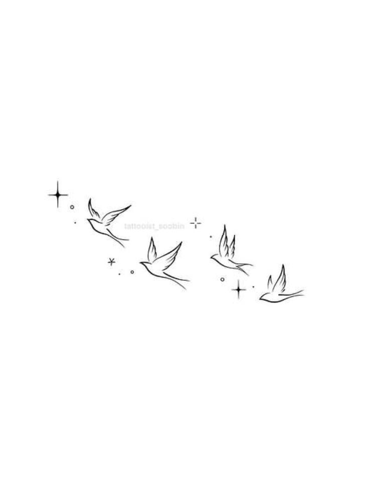 a line drawing of birds flying in the sky with stars on it's side