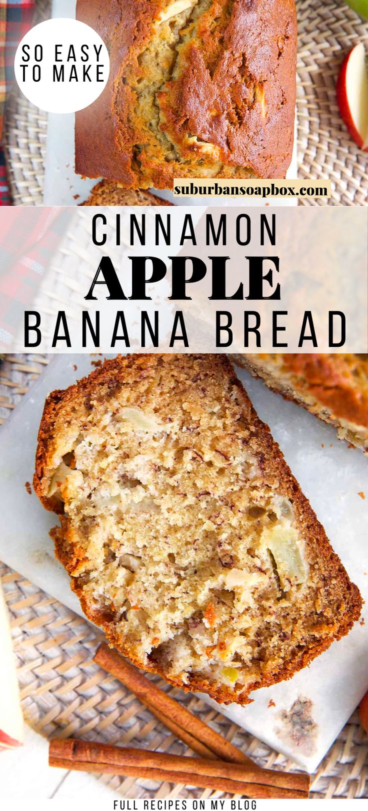 cinnamon apple banana bread is cut into slices