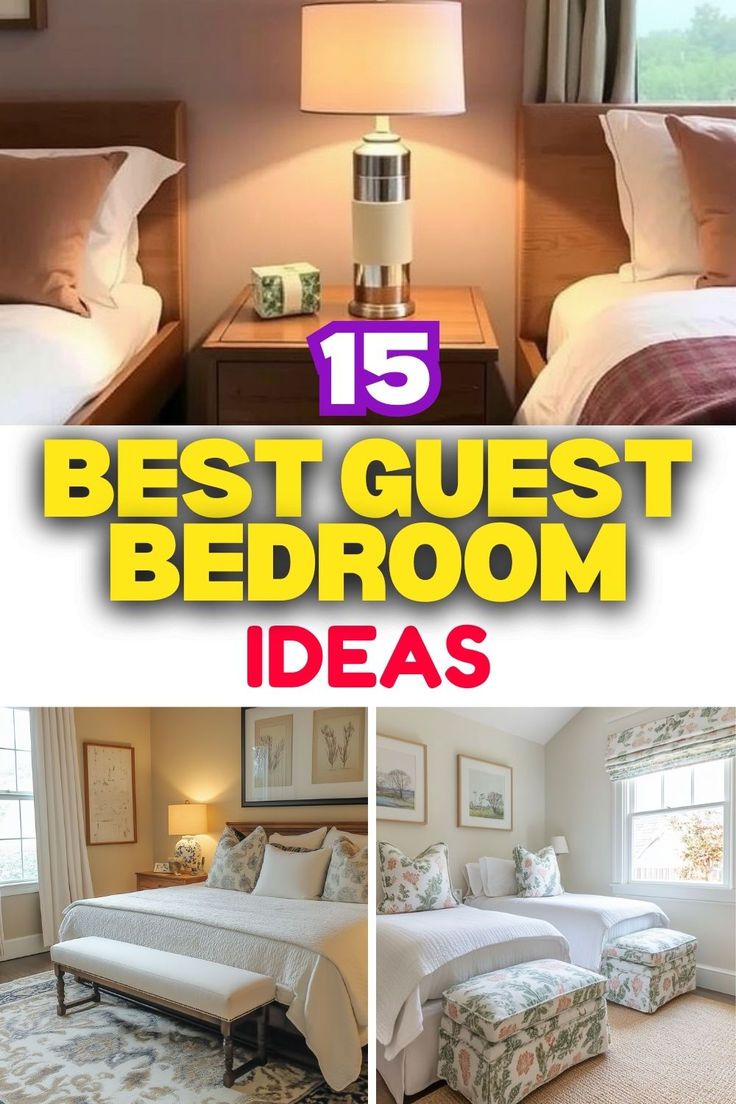 A graphic displaying two elegant guest room setups with the text "15 Best Guest Bedroom Ideas." The top half features two twin beds, separated by a nightstand with a lamp, highlighting soft bedding colors. The bottom half shows two separate guest rooms: one with a large bed decorated with white linens and floral pillows, and the other featuring two beds with plush pillows and floral-patterned storage ottomans. Both rooms include large windows allowing natural light to flood in. Guest Bed Inspiration, Guest Room Bedding Ideas, Guest Bedroom Ideas Modern, Room Bedding Ideas, Guest Bedroom Designs, Guest Bedroom Furniture, Modern Guest Room, Small Guest Room Ideas, Guest Room Bedding