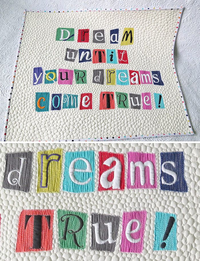 two quilts with words written on them, one is saying dream and the other says dreams