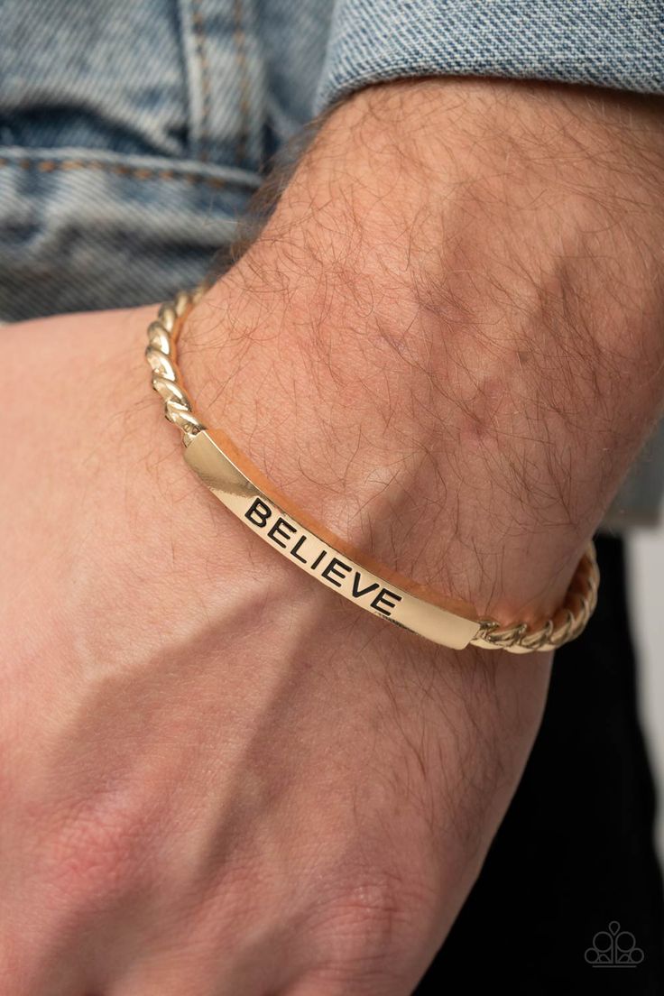 Twisted gold bars attach to a shiny gold plate stamped in the word, "BELIEVE," creating an inspiring cuff around the wrist. Sold as one individual necklace. P9MN-URGD-029XX Gents Bracelet Gold, Mens Bracelet Gold Jewelry, Man Gold Bracelet Design, Paparazzi Jewelry Images, Gents Bracelet, Paparazzi Accessories Jewelry, Mens Cuff Bracelets, Mens Bangles, Gold Bars