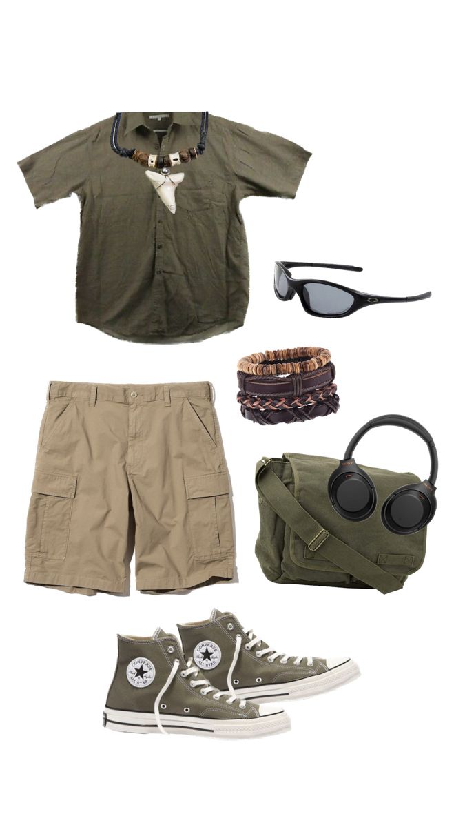 Cargo Shorts Outfit Men Aesthetic, Khaki Shorts Outfit Mens Aesthetic, Brown Outfit Men Summer, Beige Jorts Outfit Idea, Boho Aesthetic Outfit Men, Vacation Dadcore Outfits, Cargo Shorts Aesthetic Men, Baggy Graphic Tee Outfit Men, Bohemian Aesthetic Outfit Men