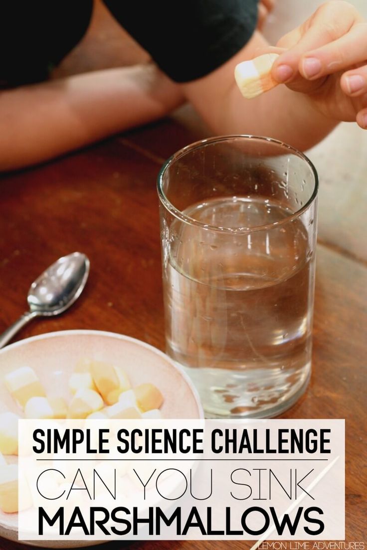 a person eating food and drinking water with the words, simple science challenge can you sink marshmallows?